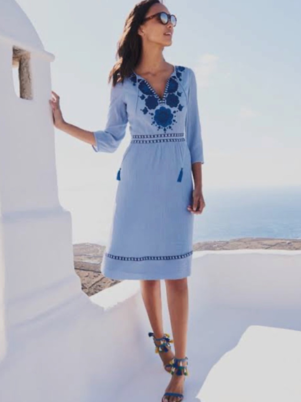 Boden Light Blue Midi Dress with Navy Embroidery